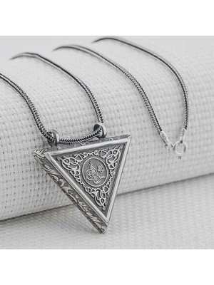 Osmanlı Tuğralı Üçgen Muska Kabi 925 Ayar Gümüş Erkek Kolye