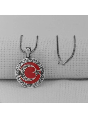 Gravur Işlemeli  Ay Yıldız 925 Ayar Gümüş Erkek Kolye