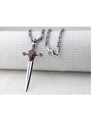 Kırmızı Taşlı Kral Zincirli Şovalye 925 Ayar Gümüş Erkek Kolye