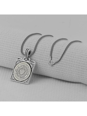 Hz Süleyman Mührü Kare Model 925 Ayar Gümüş Erkek Kolye