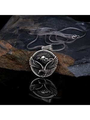 Kartal Motifli Madalyon 925 Ayar Gümüş Erkek Kolye