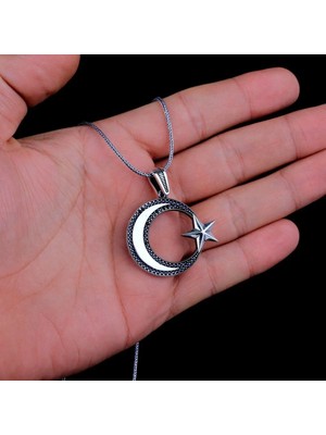 Ay Yıldız Mikro Taşlı 925 Ayar Gümüş Erkek Kolye