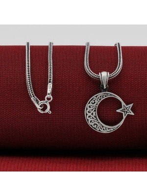 Ay Yıldız  Tasarımlı 925 Ayar Gümüş Erkek Kolye