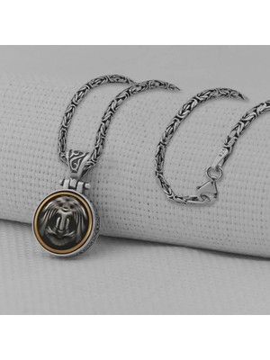 Çift Başlı Selçuklu Kartalı Kral Zincirli Ortası Dönen 925 Ayar Gümüş Erkek Kolye