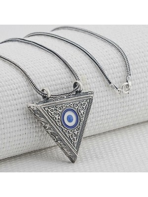 Nazar Boncugu Tasarımlı Üçgen Muska Kebir Dualı Cevşen 925 Ayar  Gümüş Erkek Kolye
