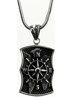 Özel Pusula Tasarımlı Atlas Zemin Detaylı Kalın Zincirli 925 Ayar Gümüş Erkek Kolye