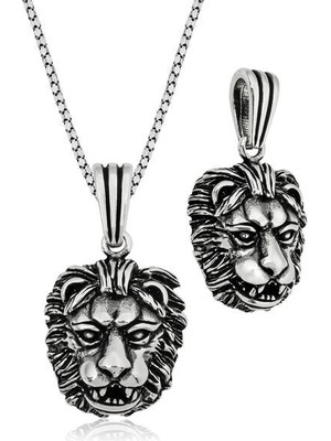 Aslan Kafası Motifli 925 Ayar Gümüş Erkek Kolye