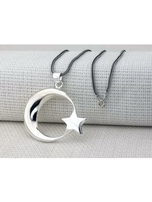 Şanlı Ay Yıldız Büyük Boy  925 Ayar Gümüş Erkek Kolye
