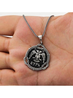Çift Başlı Kartal  Türk Yazılı 925 Ayar Gümüş Erkek Kolye