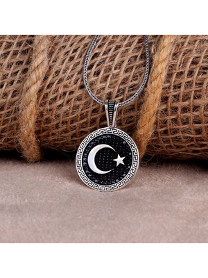 Ay Yıldız Mikro Taşlı 925 Ayar Gümüş Erkek Kolye