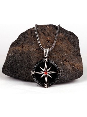 Zirkon Taşlı Pusula 925 Ayar Gümüş Erkek Kolye