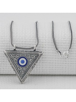 Nazar Boncugu Tasarımlı Üçgen Muska Kebir Dualı Cevşen 925 Ayar  Gümüş Erkek Kolye