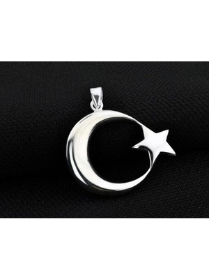 Şanlı Ay Yıldız Büyük Boy  925 Ayar Gümüş Erkek Kolye Ucu