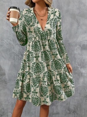 Sosostyle Kadın Uzun Kollu V Yakalı Fırfırlı Mini Süprem Elbise