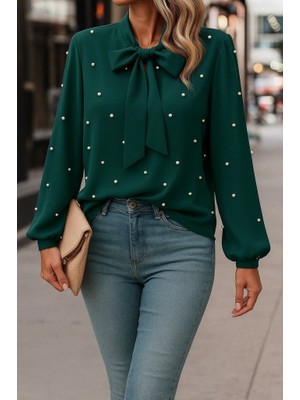 Melenza Kadın Uzun Kollu Yakadan Fiyonklu Incili Ithal Krep Bluz