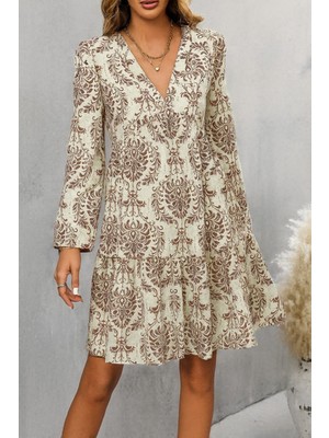 Nidam Butik Kadın Uzun Kollu V Yakalı Fırfırlı Mini Süprem Elbise