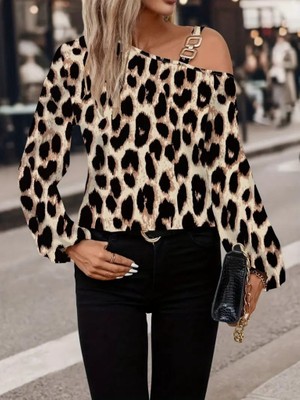 Arben Boutique Kadın Uzun Kollu Tek Omuzu Açık Tokalı Leopar Desenli Modal Bluz