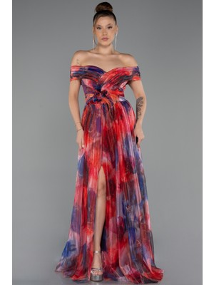 Kayık Yaka Yırtmaçlı Uzun Empirme Abiye Elbise ABU5262