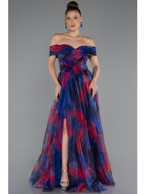 Kayık Yaka Yırtmaçlı Uzun Empirme Abiye Elbise ABU5262