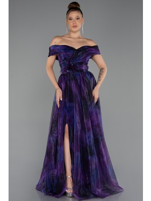 Kayık Yaka Yırtmaçlı Uzun Empirme Abiye Elbise ABU5262