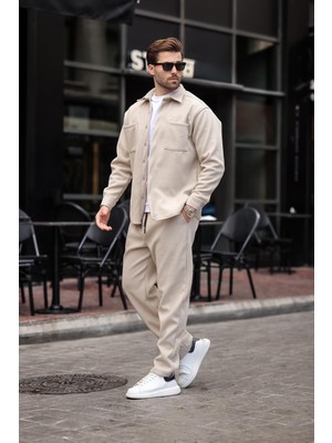 Bej Kaşe Erkek Gömlek Pantolon Ikili Takım E7328