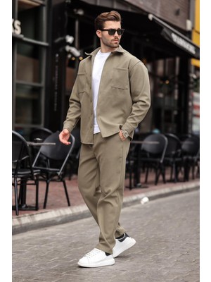 Haki Kaşe Erkek Gömlek Pantolon Ikili Takım E7328