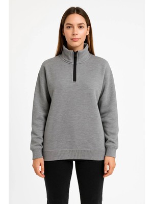Kadın Üç Iplik Dık Yaka Yarım Fermuarlı Sweatshirt - Gri