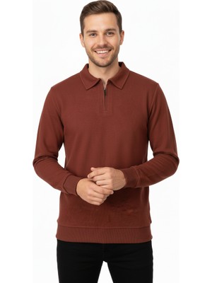 Oppland Erkek Kışlık Kazak Pamuklu Dokuma Yarım Fermuarlı Polo Yaka Uzun Kollu Düz Renk Rahat Kesim