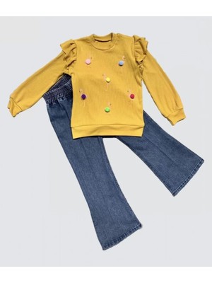 4-5-6 Yaş Kot Pantolonlu Flamingo Desenli Penye Sweat Uzun Kollu 2li Kız Çocuk Takımı Hardal