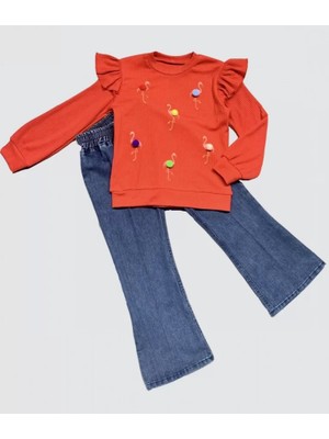 4-5-6 Yaş Kot Pantolonlu Flamingo Desenli Penye Sweat Uzun Kollu 2li Kız Çocuk Takımı Kırmızı