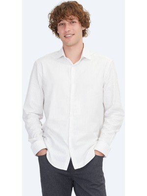 Bej Regular Fit Dokuma Klasik %100 Pamuk Gömlek