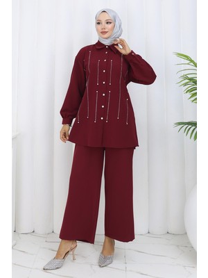 Taş Detaylı Takım Bordo 19266