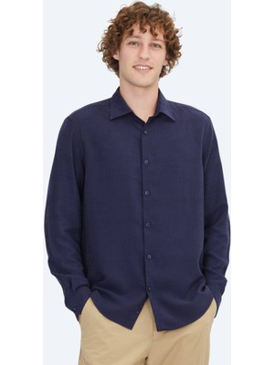 Lacivert Çizgili Regular Fit Dokuma Casual Gömlek
