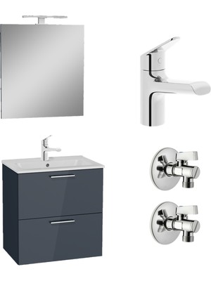 Vitra Banyo Dolabı, Lavabo Bataryası ve 2'li Ara Musluk Seti, Parlak Antrasit, 60 cm