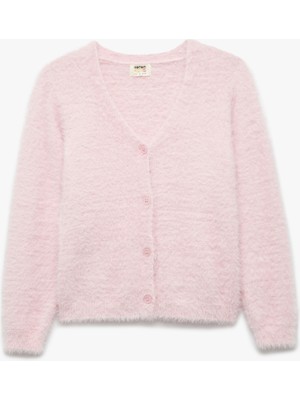 Koton V Yaka Pembe Düğmeli Uzun Kollu Basic Hırka Kız Çocuk için Günlük Kullanım