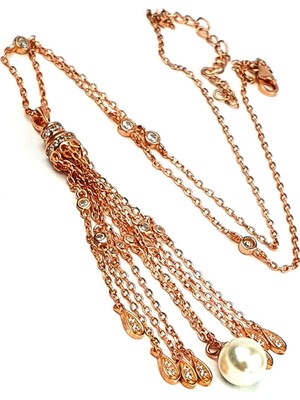 Incili gümüş rose italyan tasarımı zinciri taş detaylı lüks kolye