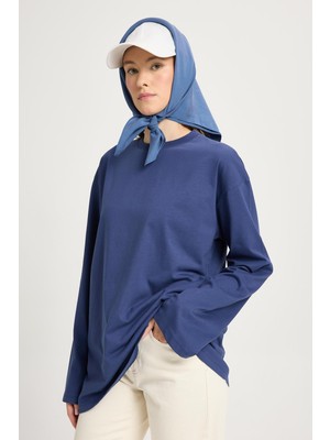 Kadın Lacivert Geniş Kol Oversize Uzun Basic T-Shirt 30058
