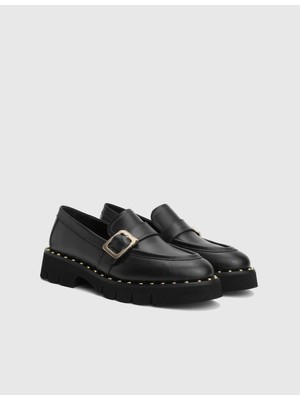 Avilia Hakiki Deri Siyah Kadın Loafer Ayakkabı
