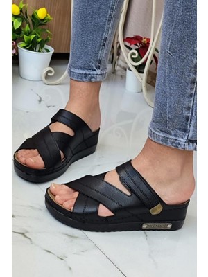 Neon Shoes Budi Kadın Şık Konforlu  Günlük Terlik Anatomik Ortopedik Taban Suni Deri Anne Dışarı Ev Terliği