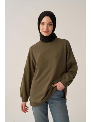 Haki-Pamuklu Aplikeli Sweatsirt