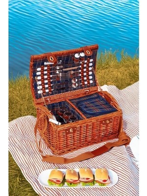 Perotti Picno Italy 4 Kişilik Koyu Kahve Hasır, Iki Bölmeli, Aksesuar Sepeti İle Taşınabilir Piknik Sepeti