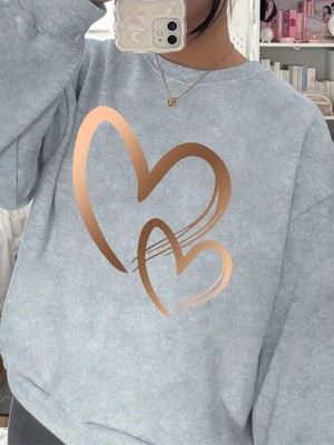 Kadın Gold Kalp Baskılı Bisiklet Yaka Siyah Sweatshirt Oversize Salaş