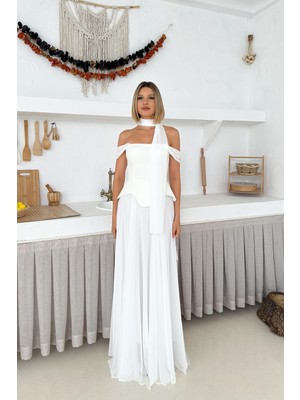 Düşük Omuz Eteği Şifon Uzun Beyaz Abiye
