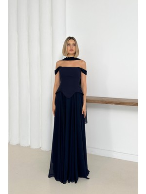 Düşük Omuz Eteği Şifon Uzun Lacivert Abiye