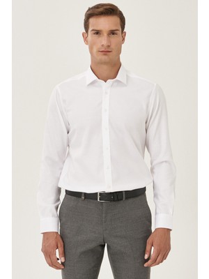 Ütü Gerektirmeyen Taılored Slim Fit Dar Kesim Klasik Yaka %100 Pamuk Armürlü Non-Iron Gömlek
