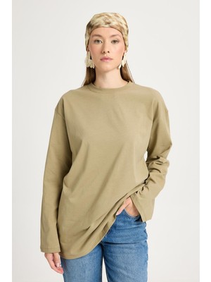 Kadın Haki Geniş Kol Oversize Uzun Basic T-Shirt 30058