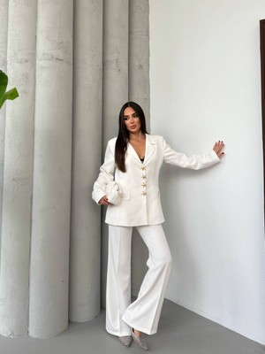 Kadın Goldyıldız Düğmeli Blazer Ceket Flare Pantolontakımı