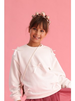 Ekru  Fiyonk Detaylı Kız Çocuk Sweatshirt