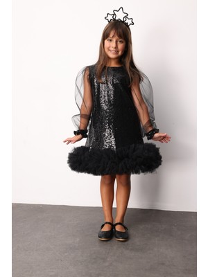 Siyah  Pullu Etek Ucu Tüllü Kız Çocuk Elbise - Balenca