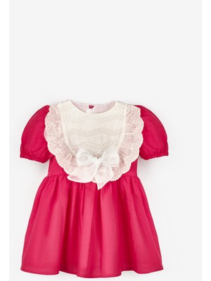 Fuşya  Kısa Kollu Fisto Detaylı Fiyonklu Kız Çocuk Elbise - Rosa